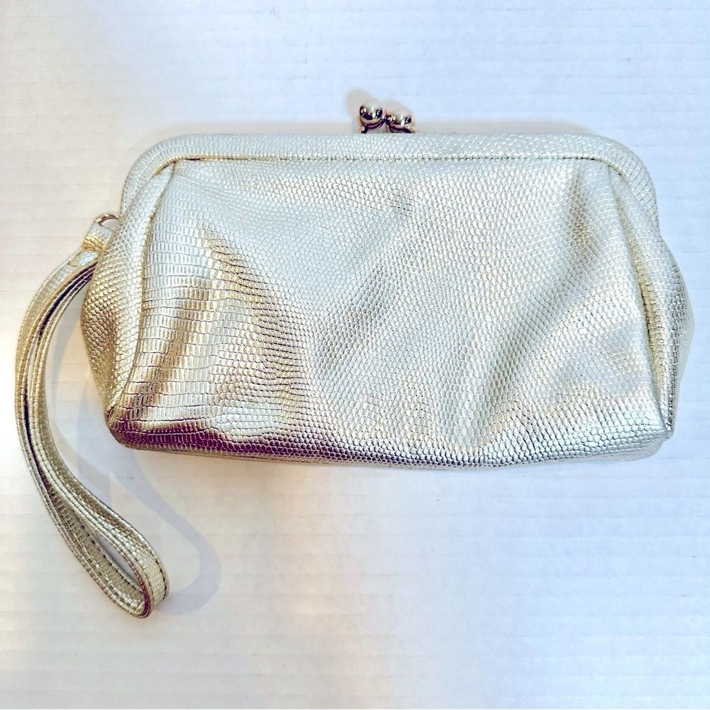 White House Black Market Wristlet Women's 8" Gold Faux Leather Satin Interior - Picture 4 of 4
